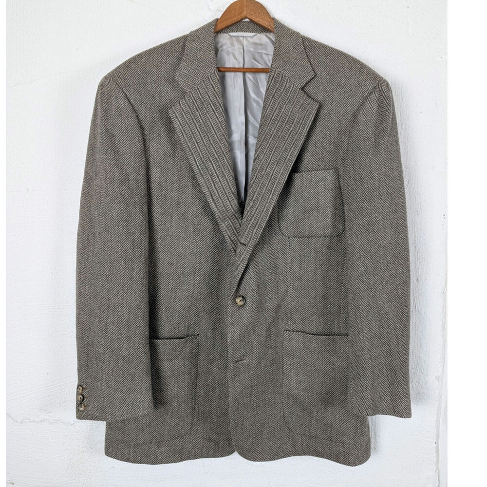 Vtg Louis Boston Sport Jacket Blazer Mens 42L Wool Grey Herringbone Grampa